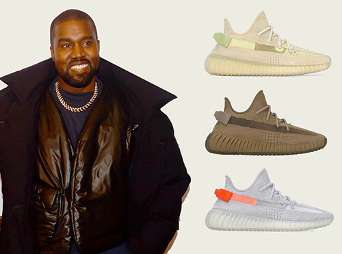 Kanye West with Adidas Yeeze sneakers on the side of the photo