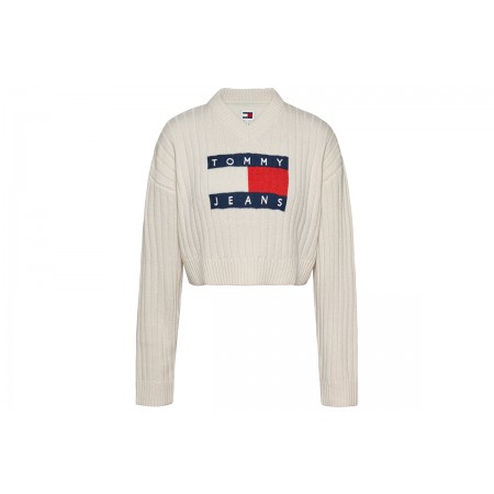 Tommy Jeans Center Flag Sweater Γυναικεία Crop Top Μπλούζα Λευκή