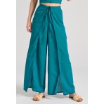 Funky Buddha Linen Blend Wide Leg Γυναικεία Παντελόνα Πετρόλ