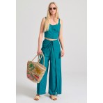 Funky Buddha Linen Blend Wide Leg Γυναικεία Παντελόνα Πετρόλ