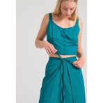 Funky Buddha Linen Blend Wide Leg Γυναικεία Παντελόνα Πετρόλ